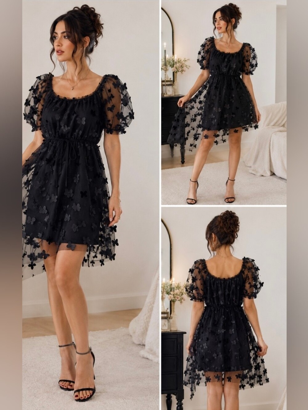 Y2K THIRTY/THIRTY Black Sheer Butterfly Babydoll Dress Whimsigoth Fairy LBD - M